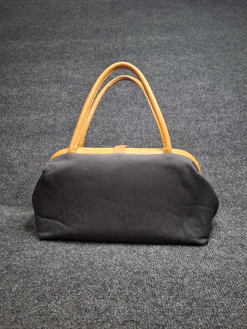 Tan and Black Leather Accent Satchel Handbag